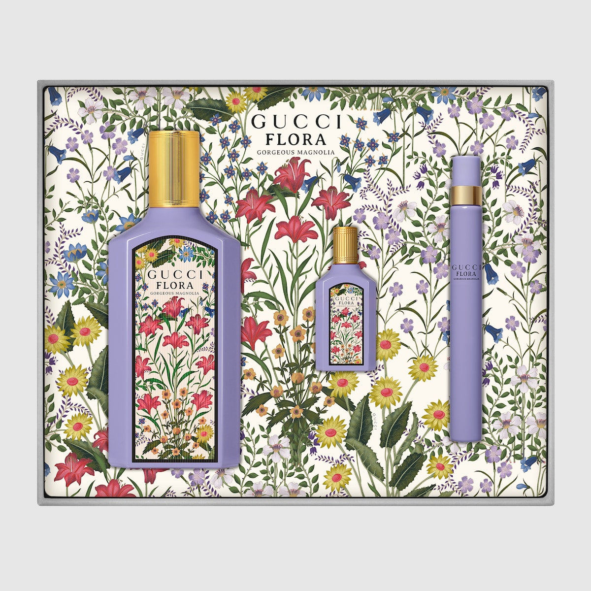 GUCCI FLORA GORGEOUS MAGNOLIA 3.4 EDP LADY+ MINI (5ML)+MINI ( 10ML) (GIFT SET)