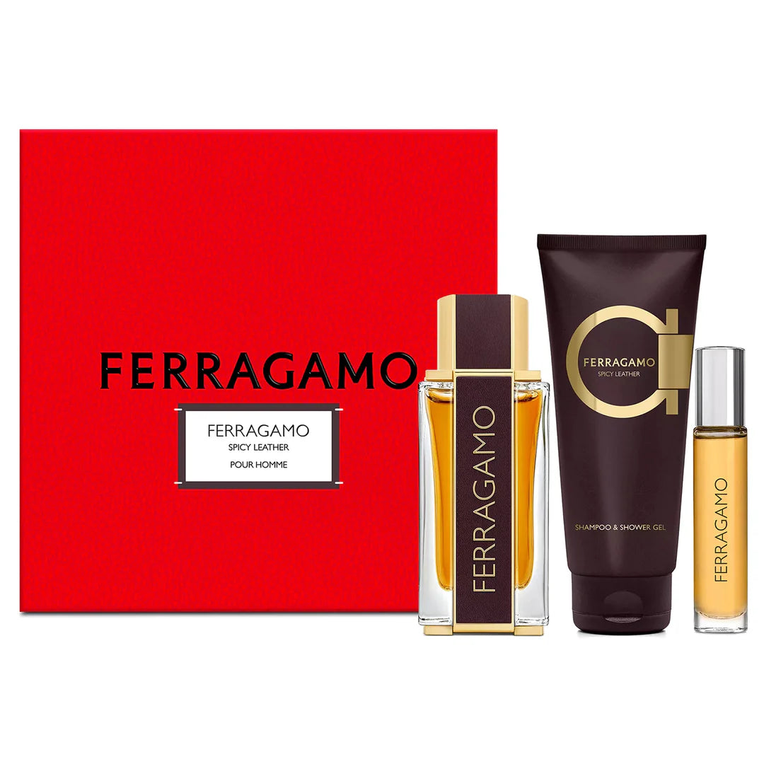 FERRAGAMO SPICY LEATHER 3.4 EDP MEN + 3.4 S/G + MINI TRAVEL SPRAY ( GIFT SET )