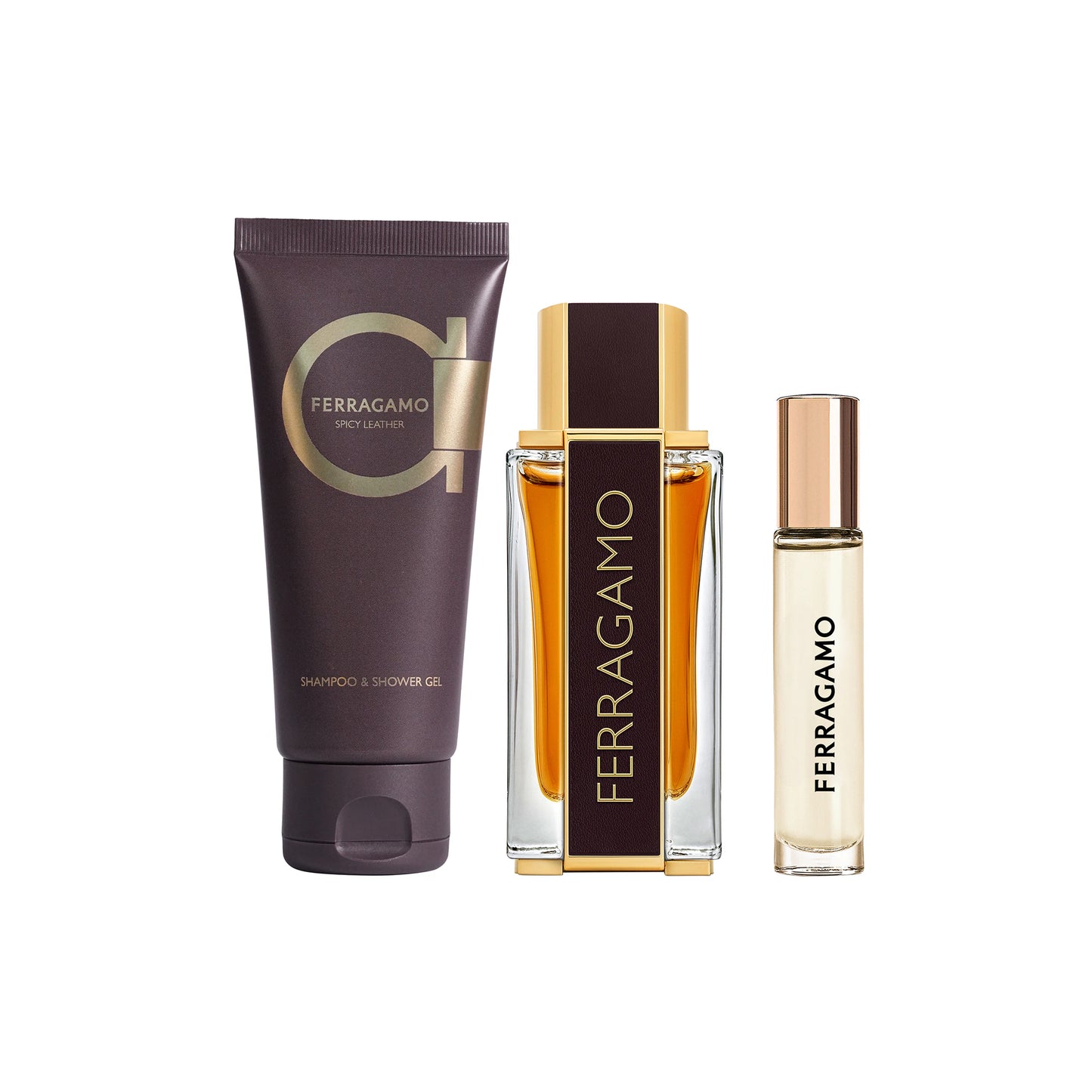 FERRAGAMO SPICY LEATHER 3.4 EDP MEN + 3.4 S/G + MINI TRAVEL SPRAY ( GIFT SET )