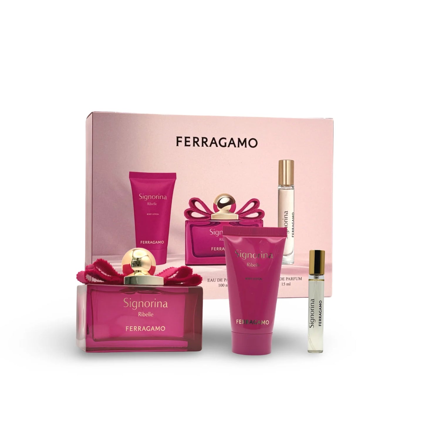 FERRAGAMO SIGNORINA RIBELLE 3.4 EDP LADY + 1.7 B/L + MINI TRAVEL SPRAY ( GIFT SET )