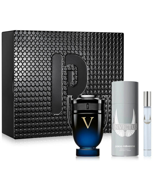 PACO RABANNE INVICTUS VICTORY ELIXIR 3.4 PARFUM MEN + 5.0 DEODORANT SPRAY + MINI TRAVEL SPRAY ( GIFT SET )