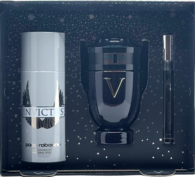 PACO RABANNE INVICTUS VICTORY ELIXIR 3.4 PARFUM MEN + 5.0 DEODORANT SPRAY + MINI TRAVEL SPRAY ( GIFT SET )