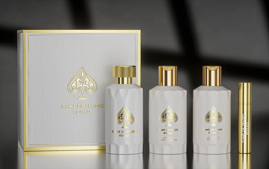 JO MILANO GAME of SPADES ROYALE 3.4 PARFUM UNISEX +3.4 B/Cl + 3.4 B/C+MINI SPRAY (GIFT SET)