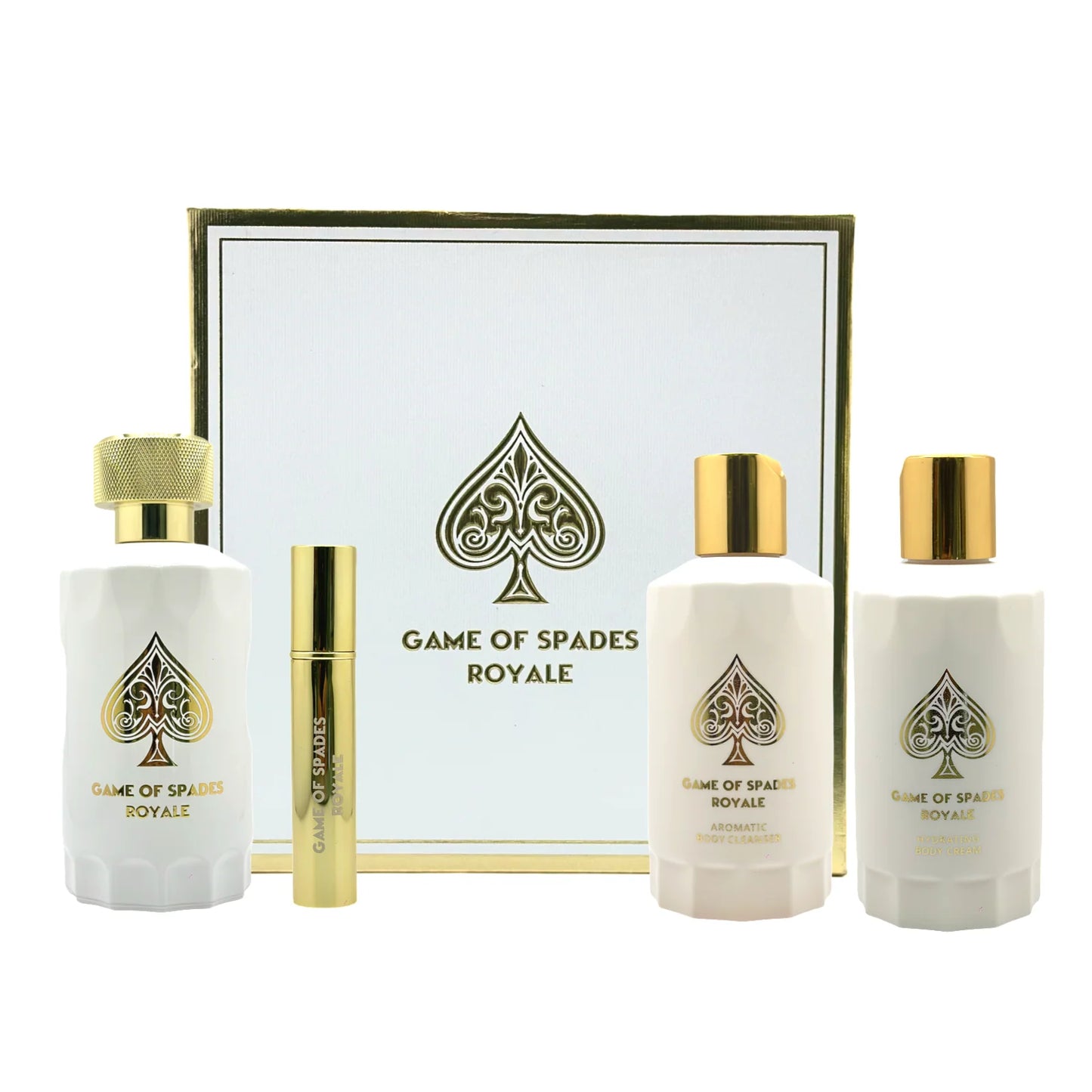 JO MILANO GAME of SPADES ROYALE 3.4 PARFUM UNISEX +3.4 B/Cl + 3.4 B/C+MINI SPRAY (GIFT SET)