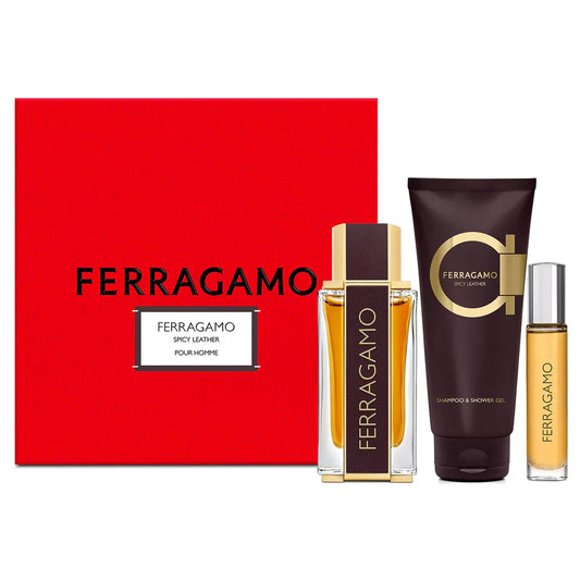 FERRAGAMO SPICY LEATHER 3.4 EDP MEN + 3.4 S/G + MINI TRAVEL SPRAY ( GIFT SET )